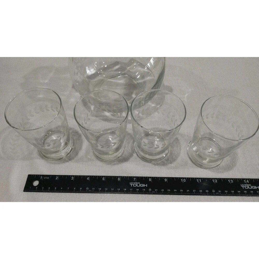 Vintage Tilted Clear Water Pitcher Etched Leaves Ring & Ice Lip & 4 Glasses